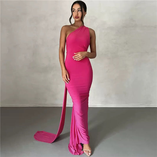PINK Color Sexy Backless Evening Long Dress Women Pleated Elegant Chic Party Dresses Lady