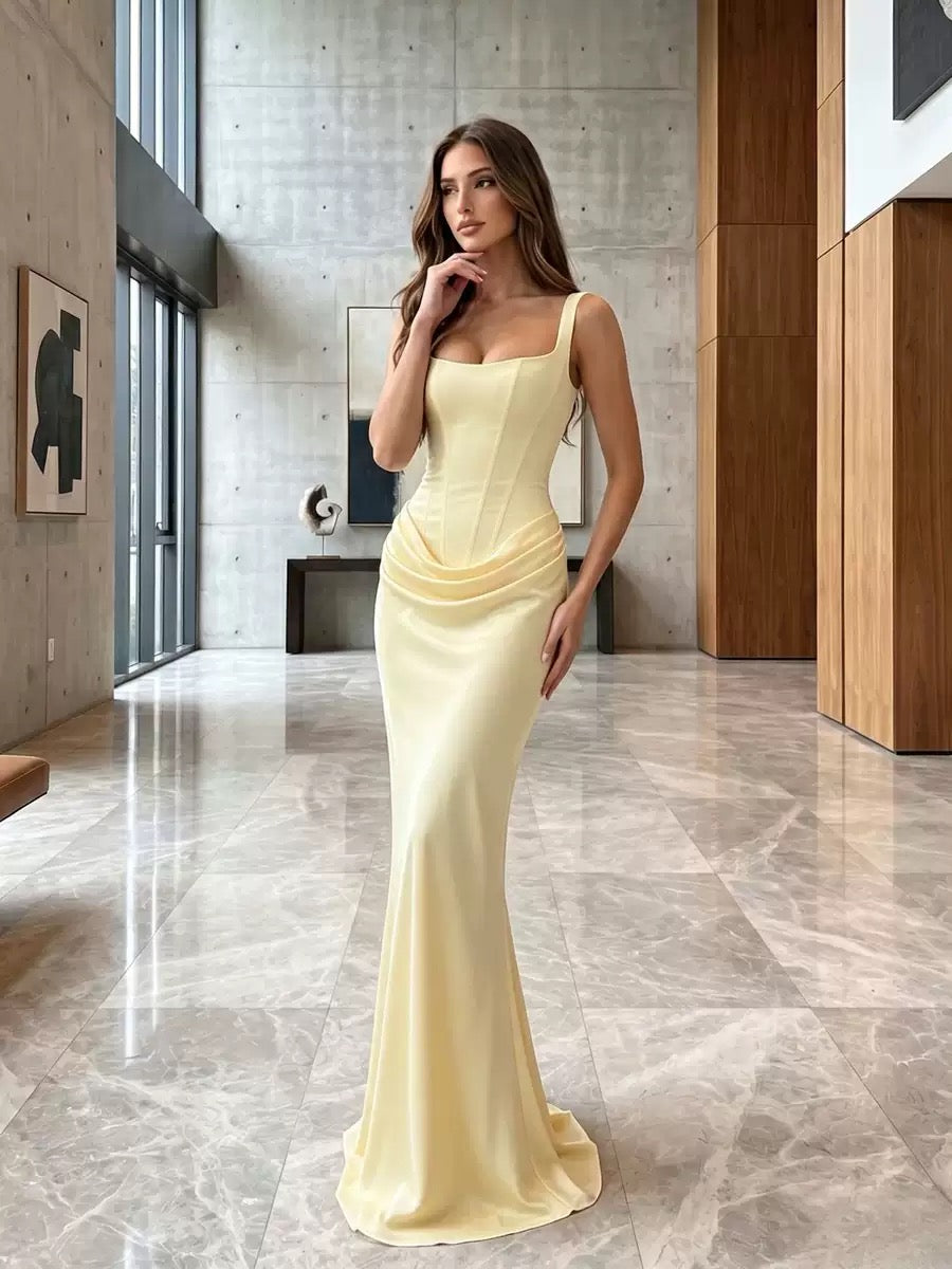 Elegant Women's Party Dress 2026 Summer Solid Color Hanging Neck Bareback Strap Split Style Skinny Dress Fishtail Bodycon Dress