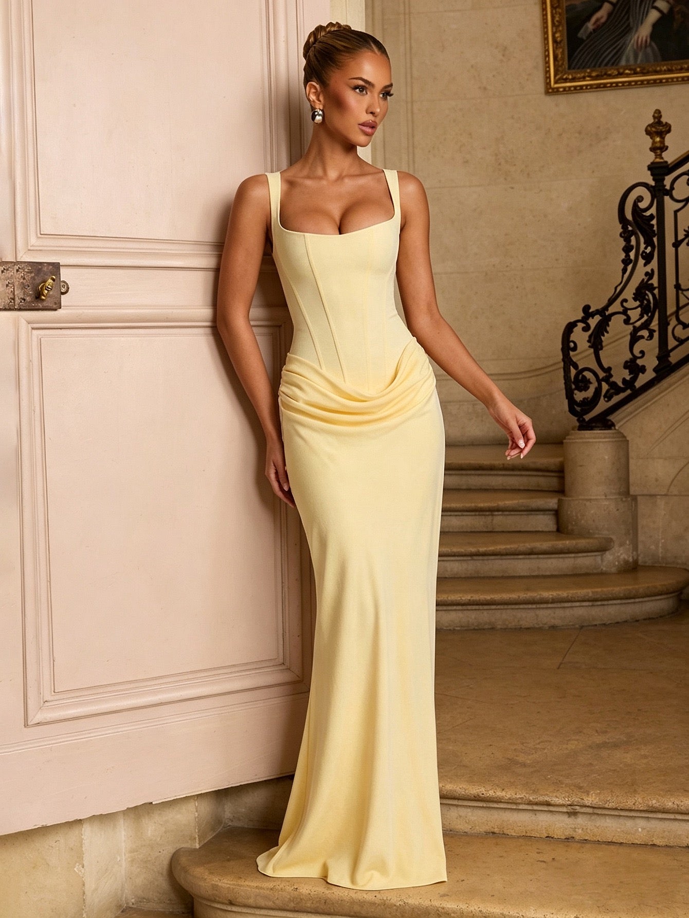 Elegant Women's Party Dress 2026 Summer Solid Color Hanging Neck Bareback Strap Split Style Skinny Dress Fishtail Bodycon Dress