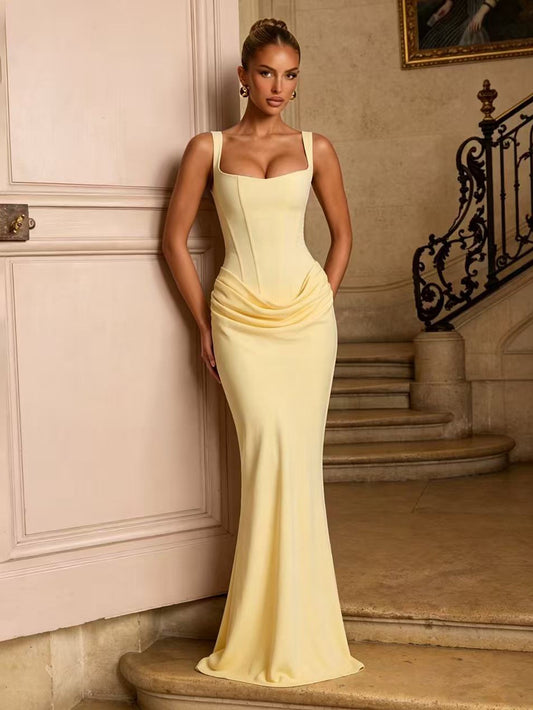 Elegant Women's Party Dress 2026 Summer Solid Color Hanging Neck Bareback Strap Split Style Skinny Dress Fishtail Bodycon Dress
