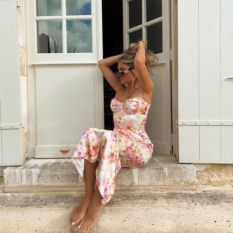 Ivory Floral Print Ruched Maxi Dress with Sweetheart Bust, Delicate Spaghetti Straps, Fitted Bodycon Silhouette and Romantic Pink Rose Pattern