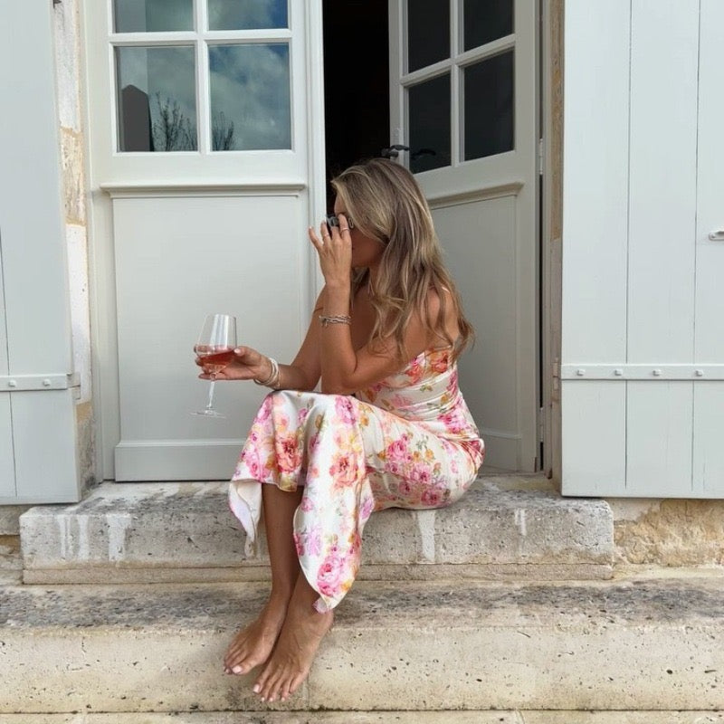 Ivory Floral Print Ruched Maxi Dress with Sweetheart Bust, Delicate Spaghetti Straps, Fitted Bodycon Silhouette and Romantic Pink Rose Pattern