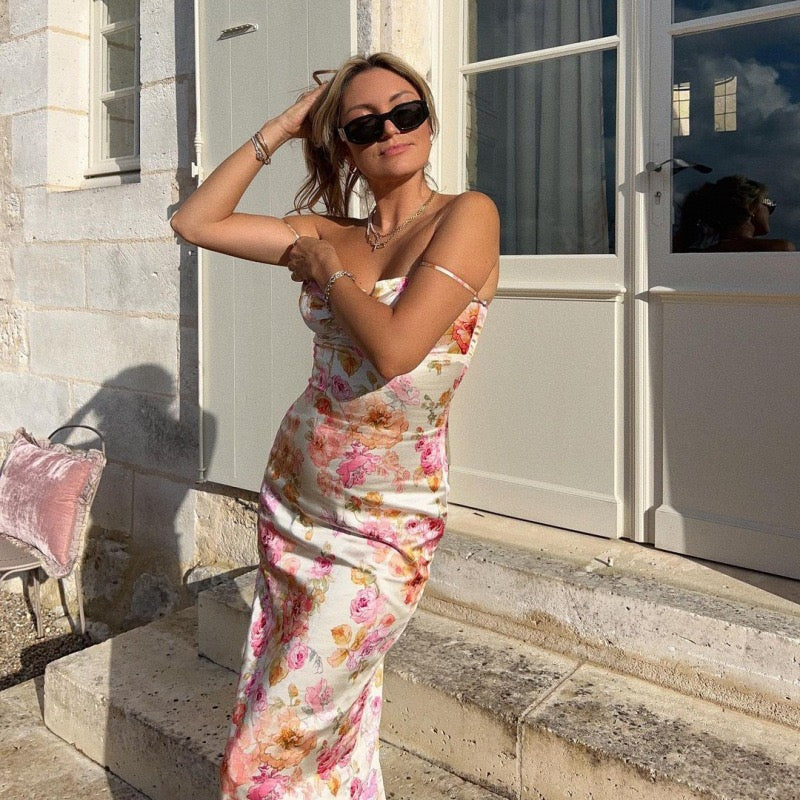 Ivory Floral Print Ruched Maxi Dress with Sweetheart Bust, Delicate Spaghetti Straps, Fitted Bodycon Silhouette and Romantic Pink Rose Pattern