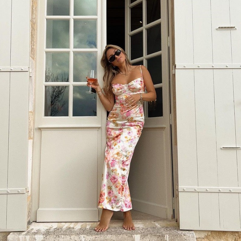 Ivory Floral Print Ruched Maxi Dress with Sweetheart Bust, Delicate Spaghetti Straps, Fitted Bodycon Silhouette and Romantic Pink Rose Pattern