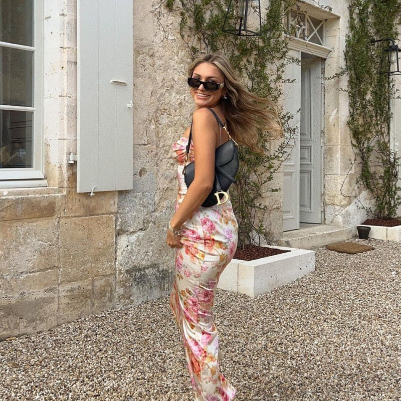 Ivory Floral Print Ruched Maxi Dress with Sweetheart Bust, Delicate Spaghetti Straps, Fitted Bodycon Silhouette and Romantic Pink Rose Pattern