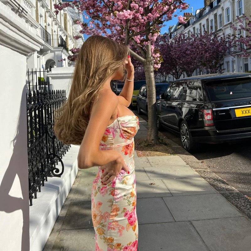 Ivory Floral Print Ruched Maxi Dress with Sweetheart Bust, Delicate Spaghetti Straps, Fitted Bodycon Silhouette and Romantic Pink Rose Pattern