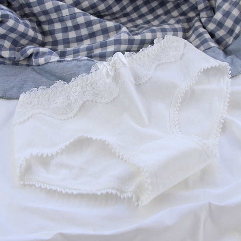 Ivory Lace Trim Panties with Contrast Scalloped Waistband, Delicate Satin Bow Detail and Soft Comfortable Everyday Fit