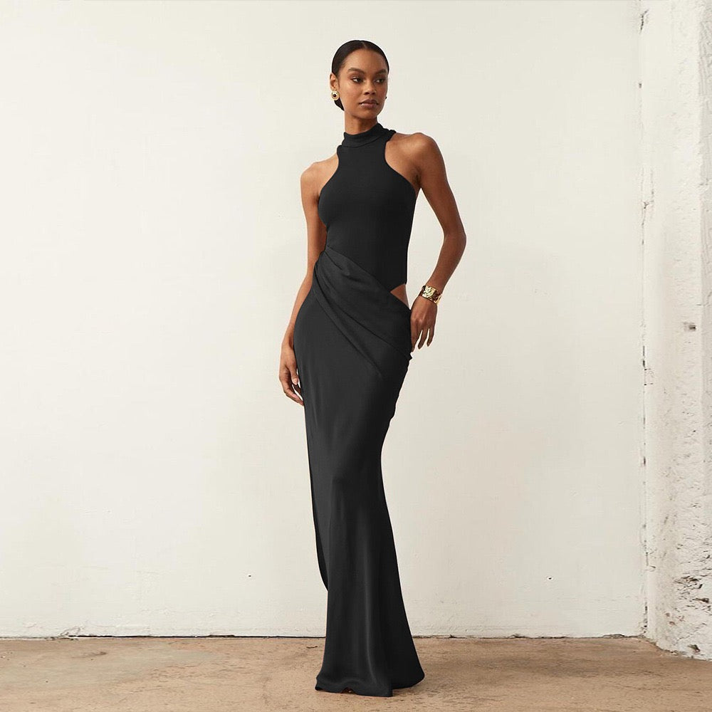 Black High Neck Sleeveless Maxi Dress with Side Waist Cutout, Draped Hip Detail, Fitted Bodice and Elegant Floor-Length Bodycon Silhouette