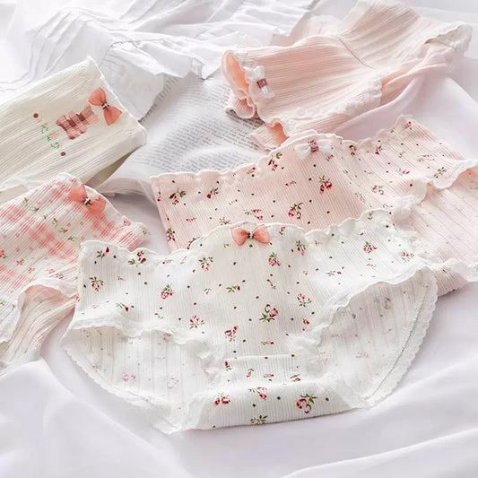 Women's Cotton Panties Mid Waist Comfortable Breathable Cute Sweet FLOWR  Girl Briefs Underwear Female