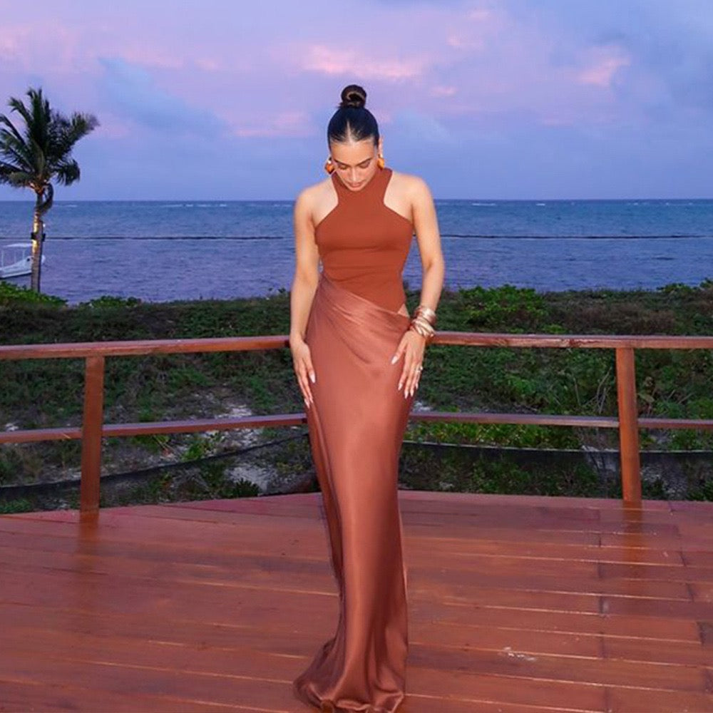 Caramel High Neck Sleeveless Maxi Dress with Side Waist Cutout, Draped Hip Detail, Fitted Bodice and Elegant Floor-Length Bodycon Silhouette
