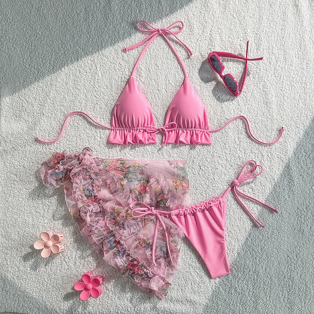 Sexy Bathing Suit Women Three Piece Set Fashion Triangle Ruffles Bandage Micro Bikini Mesh Cover Up Summer Beach Split Swimsuit