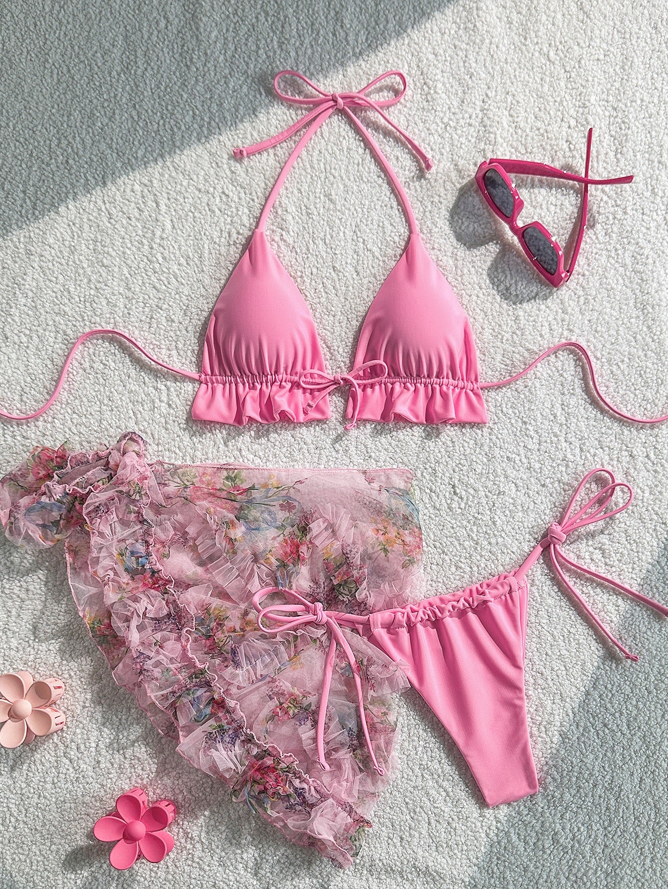 Sexy Bathing Suit Women Three Piece Set Fashion Triangle Ruffles Bandage Micro Bikini Mesh Cover Up Summer Beach Split Swimsuit