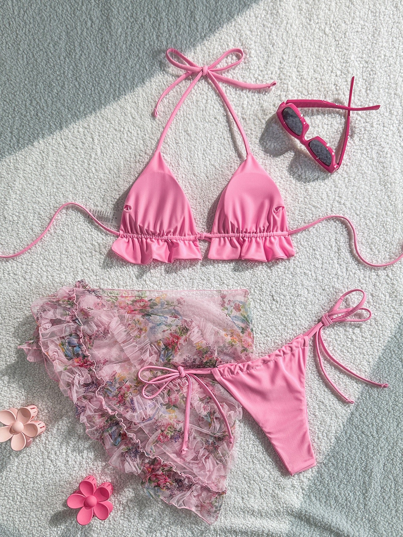 Sexy Bathing Suit Women Three Piece Set Fashion Triangle Ruffles Bandage Micro Bikini Mesh Cover Up Summer Beach Split Swimsuit