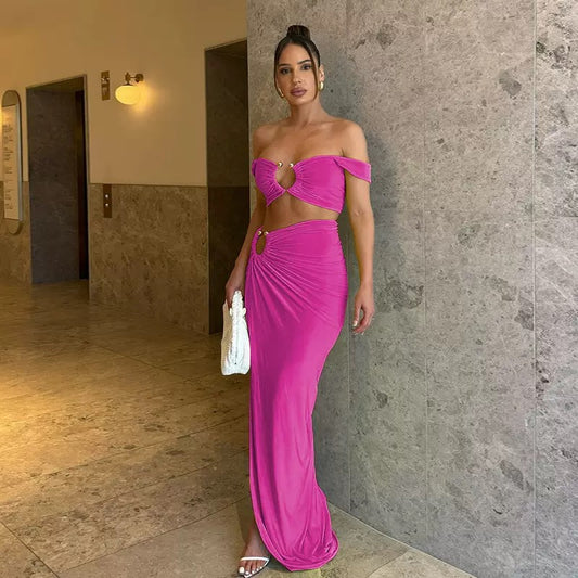 Sisterlinda Beach Style 2 Piece Set Women Summer Sexy Metal Decoration Ruched Tank Tops+Split Long Skirt Female Holiday Clubwear