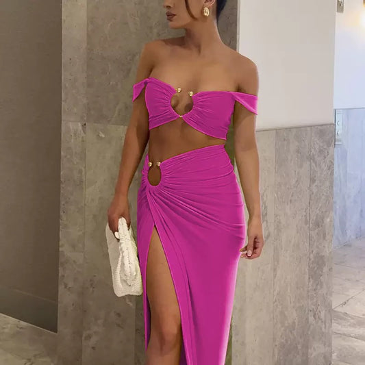 Sisterlinda Beach Style 2 Piece Set Women Summer Sexy Metal Decoration Ruched Tank Tops+Split Long Skirt Female Holiday Clubwear
