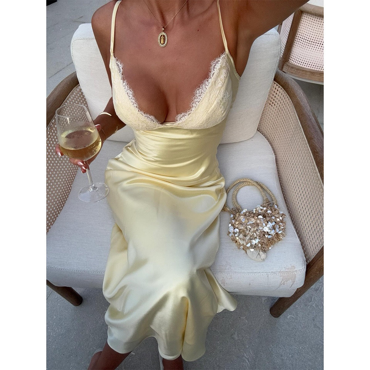 Butter  Satin Lace Trim Maxi Slip Dress with Deep V-Neckline, Spaghetti Straps, Fitted Bodice and Elegant Floor-Length Silhouette