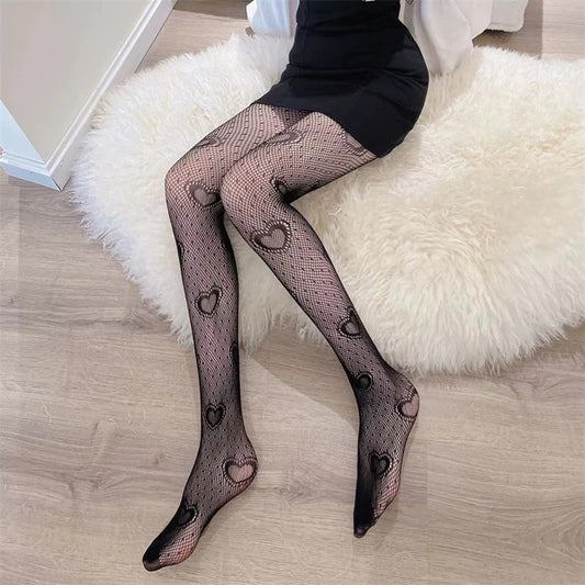 Net stockings for women, high-waisted Heart patterned net tights, thigh-high stockings.