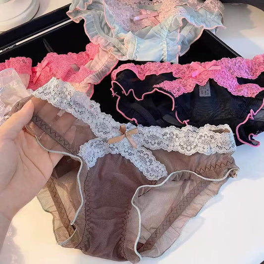 Women's Romantic Sheer Mesh Panties with Delicate Floral Lace Waistband, Scalloped Lace Trim, Soft Transparent Fabric & Elegant Satin Bow Detail