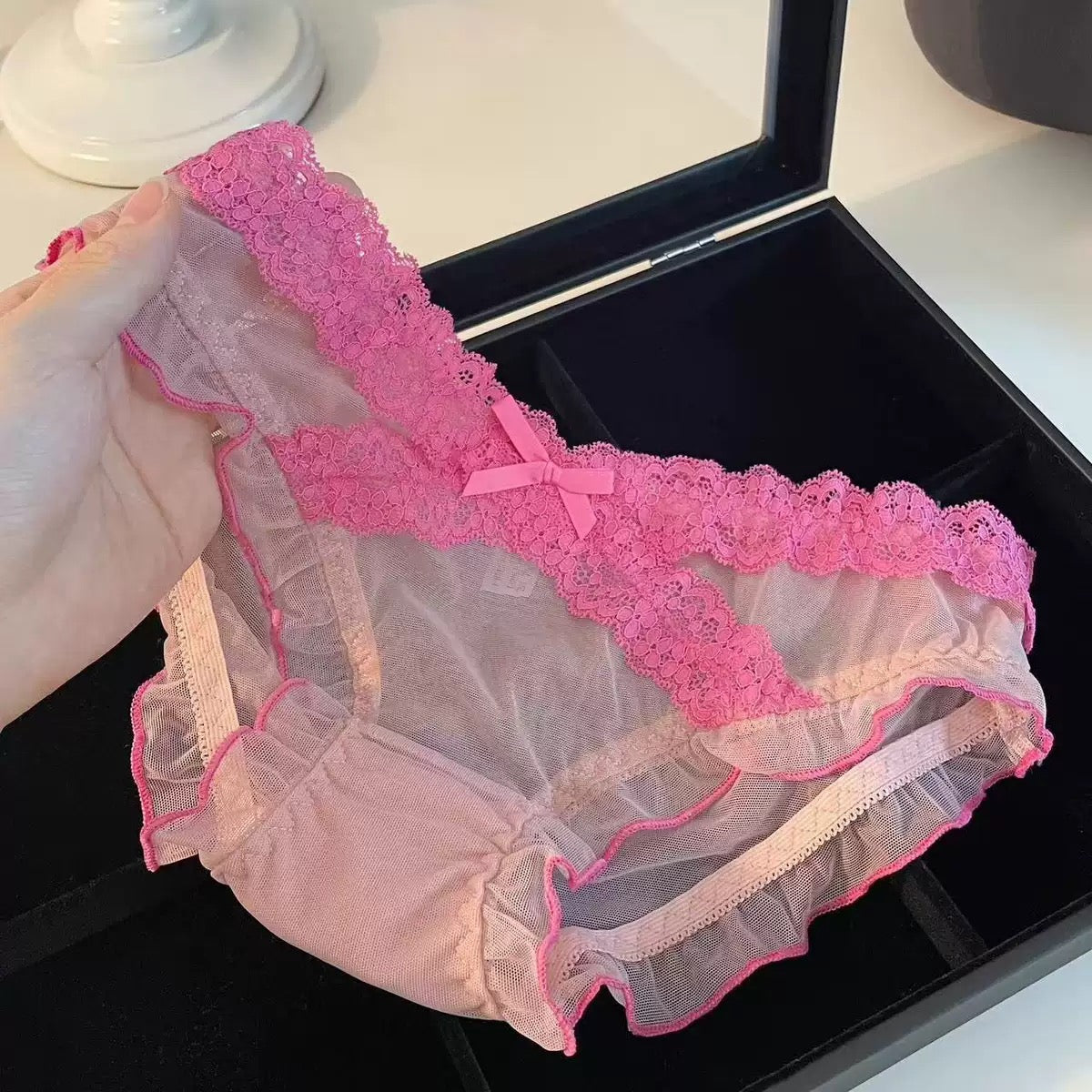 Women's Romantic Sheer Mesh Panties with Delicate Floral Lace Waistband, Scalloped Lace Trim, Soft Transparent Fabric & Elegant Satin Bow Detail