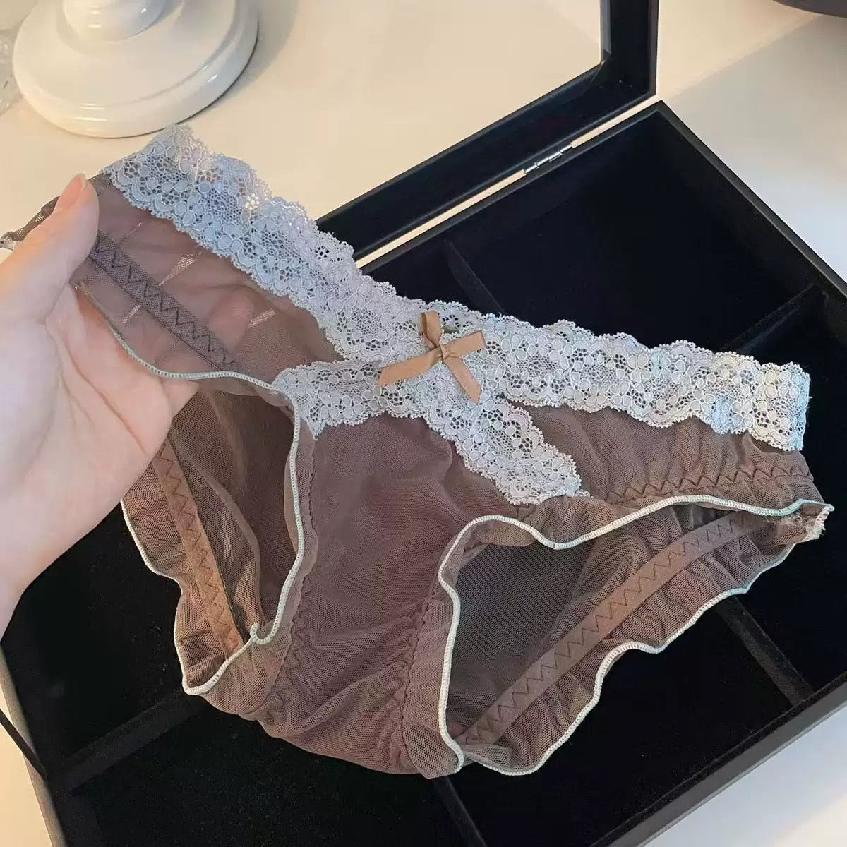 Women's Romantic Sheer Mesh Panties with Delicate Floral Lace Waistband, Scalloped Lace Trim, Soft Transparent Fabric & Elegant Satin Bow Detail