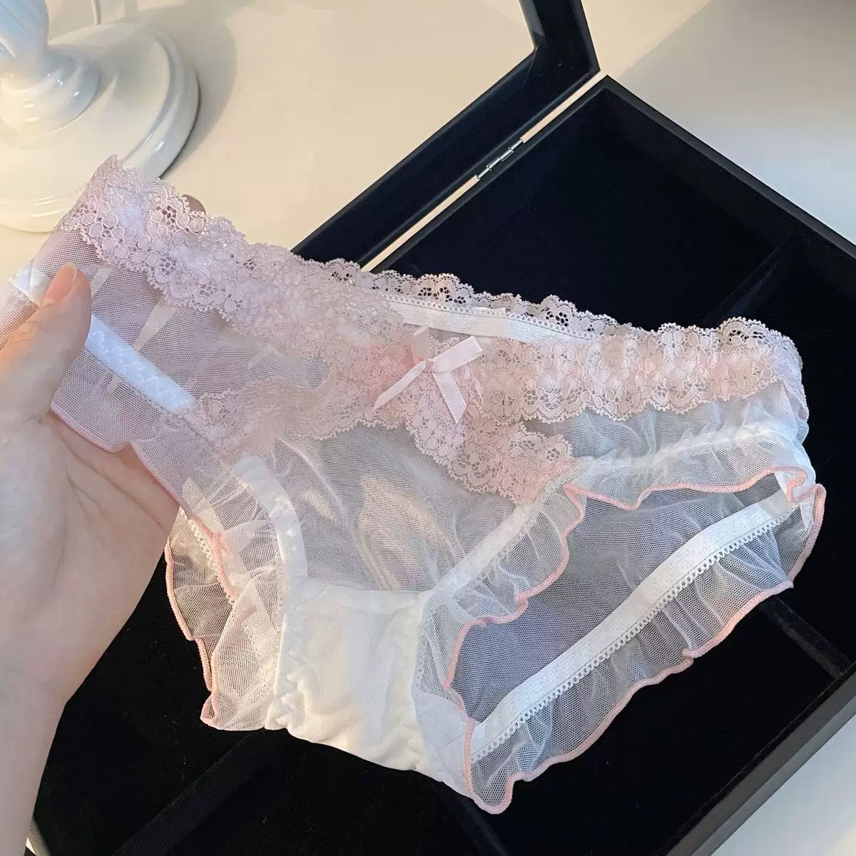 Women's Romantic Sheer Mesh Panties with Delicate Floral Lace Waistband, Scalloped Lace Trim, Soft Transparent Fabric & Elegant Satin Bow Detail