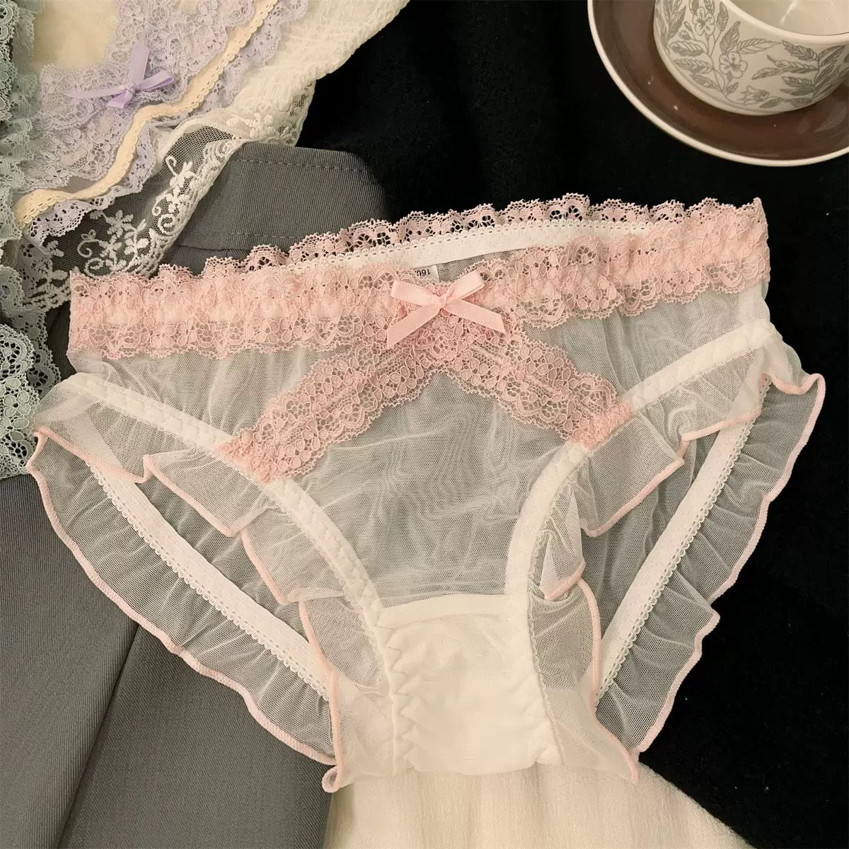 Women's Romantic Sheer Mesh Panties with Delicate Floral Lace Waistband, Scalloped Lace Trim, Soft Transparent Fabric & Elegant Satin Bow Detail