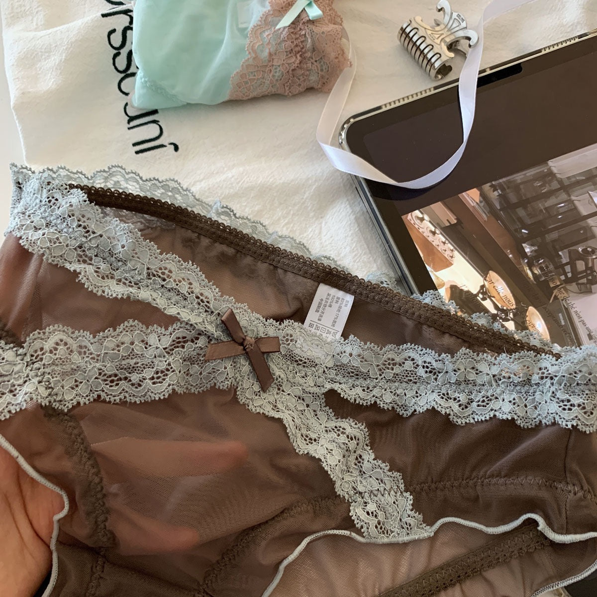 Women's Romantic Sheer Mesh Panties with Delicate Floral Lace Waistband, Scalloped Lace Trim, Soft Transparent Fabric & Elegant Satin Bow Detail