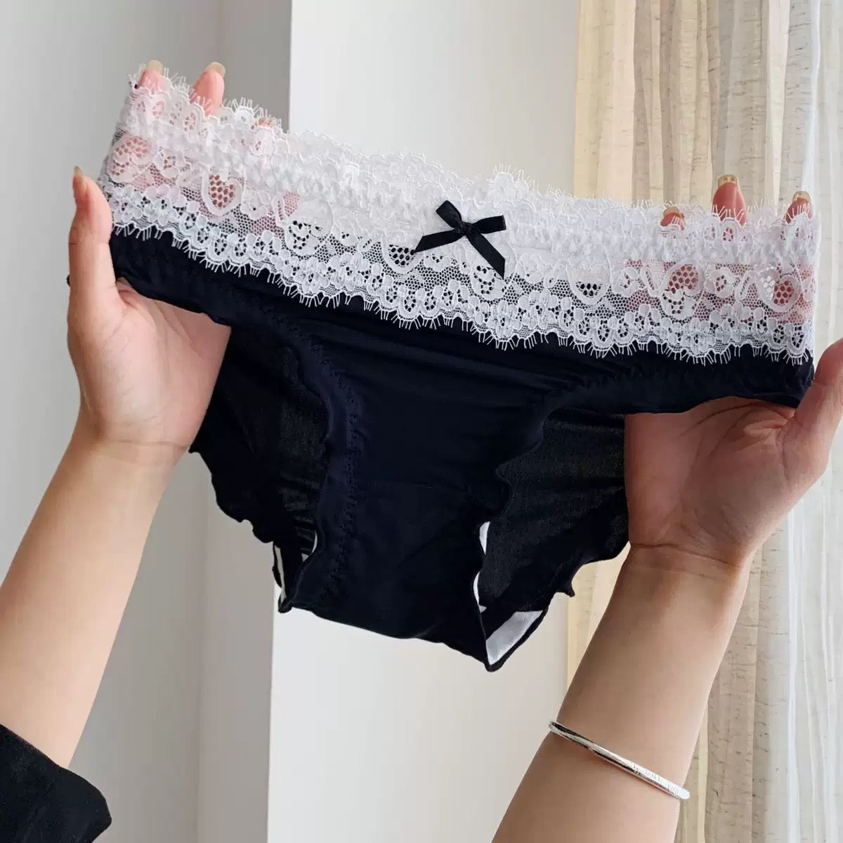 Women's Elegant High-Waisted Panties with Delicate Floral Lace Waistband, Soft Stretch Fabric, Scalloped Lace Trim & Feminine Satin Bow Detail