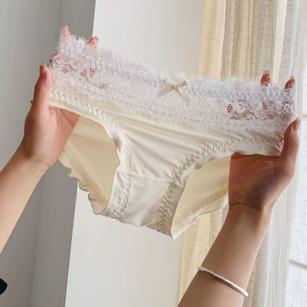 Women's Elegant High-Waisted Panties with Delicate Floral Lace Waistband, Soft Stretch Fabric, Scalloped Lace Trim & Feminine Satin Bow Detail