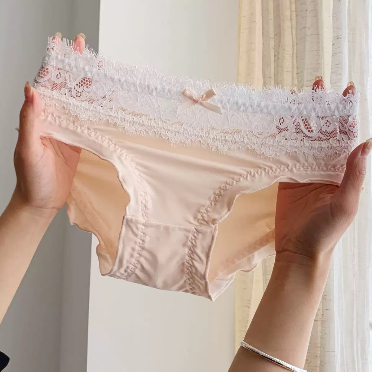 Women's Elegant High-Waisted Panties with Delicate Floral Lace Waistband, Soft Stretch Fabric, Scalloped Lace Trim & Feminine Satin Bow Detail