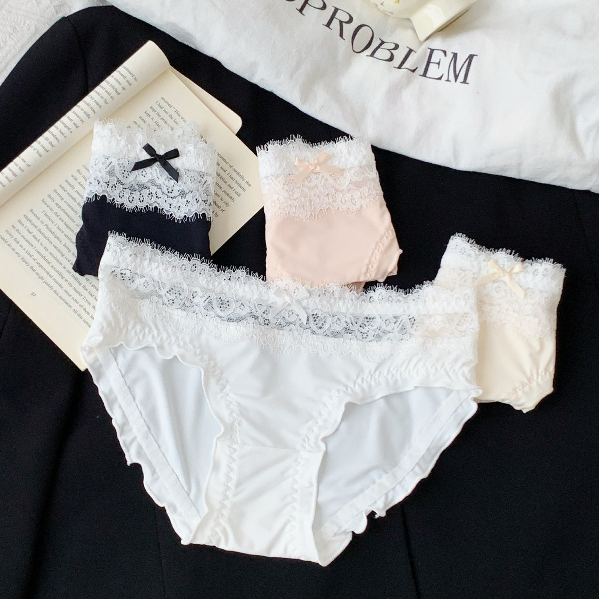 Women's Elegant High-Waisted Panties with Delicate Floral Lace Waistband, Soft Stretch Fabric, Scalloped Lace Trim & Feminine Satin Bow Detail