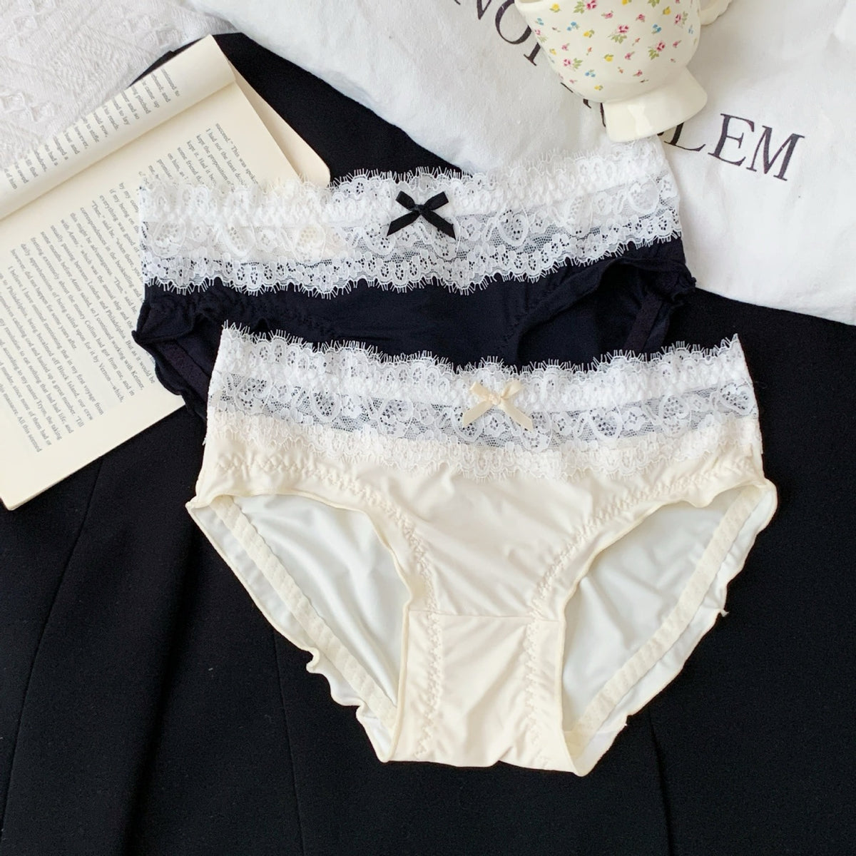 Women's Elegant High-Waisted Panties with Delicate Floral Lace Waistband, Soft Stretch Fabric, Scalloped Lace Trim & Feminine Satin Bow Detail