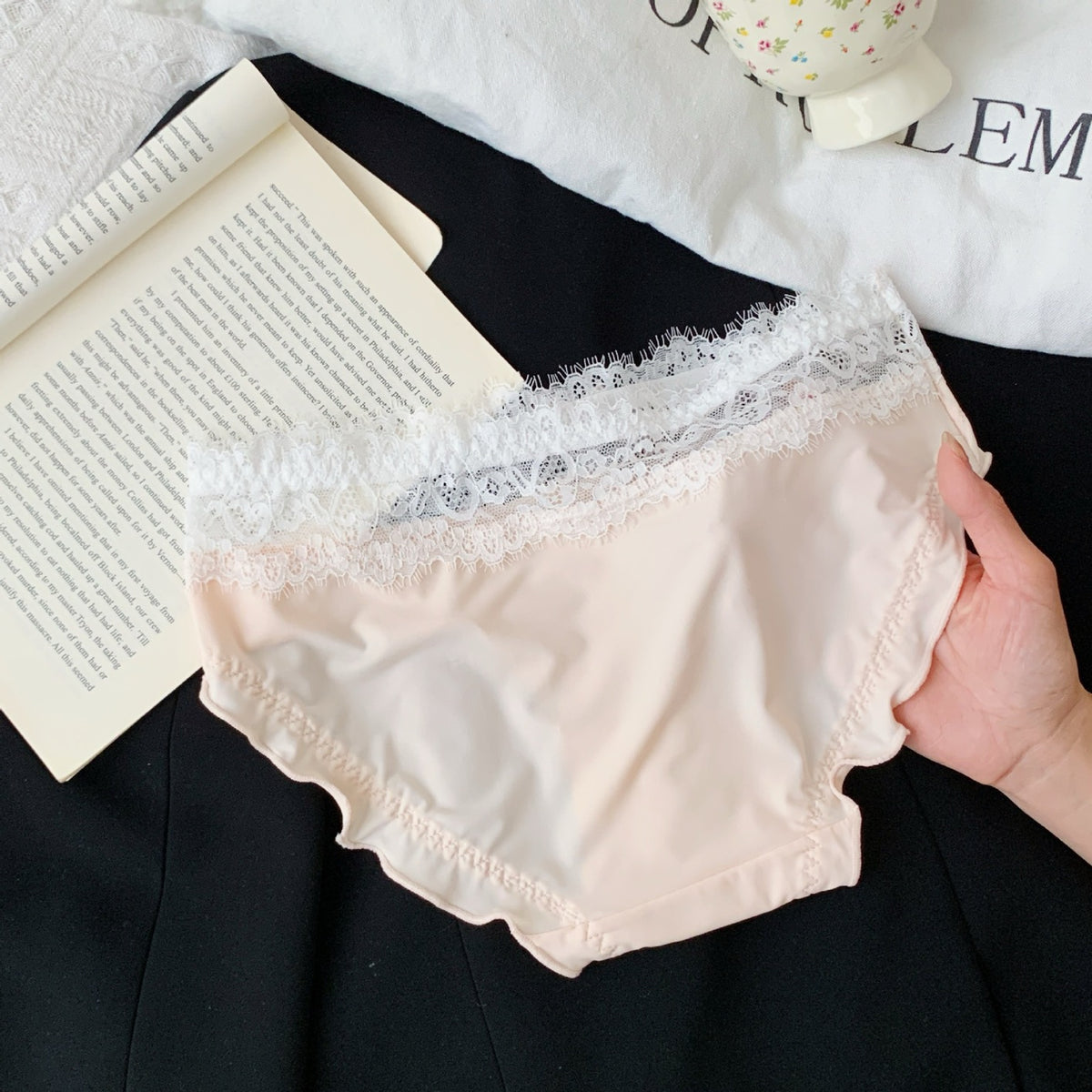Women's Elegant High-Waisted Panties with Delicate Floral Lace Waistband, Soft Stretch Fabric, Scalloped Lace Trim & Feminine Satin Bow Detail
