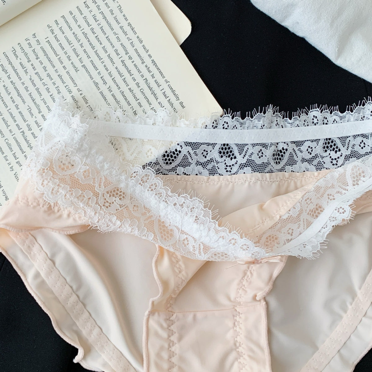 Women's Elegant High-Waisted Panties with Delicate Floral Lace Waistband, Soft Stretch Fabric, Scalloped Lace Trim & Feminine Satin Bow Detail