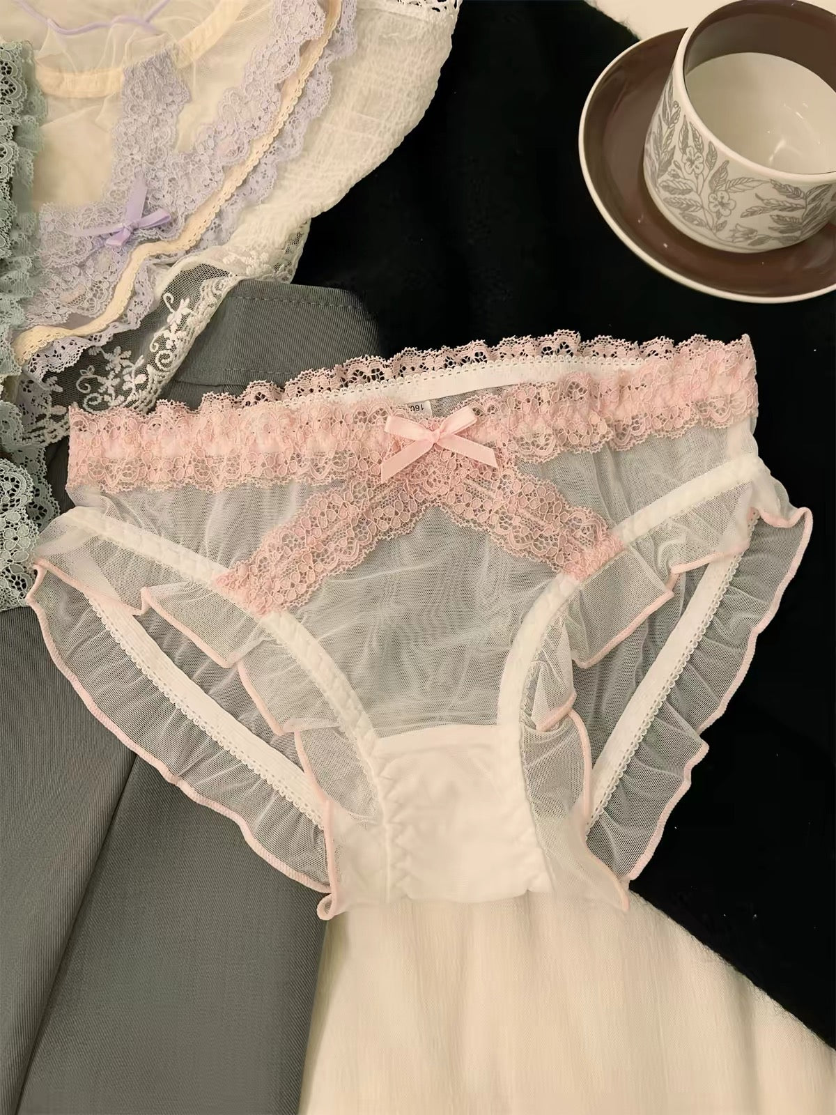 Women's Romantic Sheer Mesh Panties with Delicate Floral Lace Waistband, Scalloped Lace Trim, Soft Transparent Fabric & Elegant Satin Bow Detail
