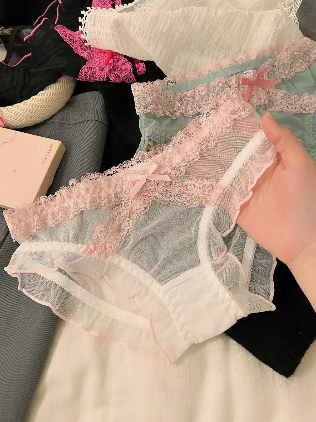 Women's Romantic Sheer Mesh Panties with Delicate Floral Lace Waistband, Scalloped Lace Trim, Soft Transparent Fabric & Elegant Satin Bow Detail
