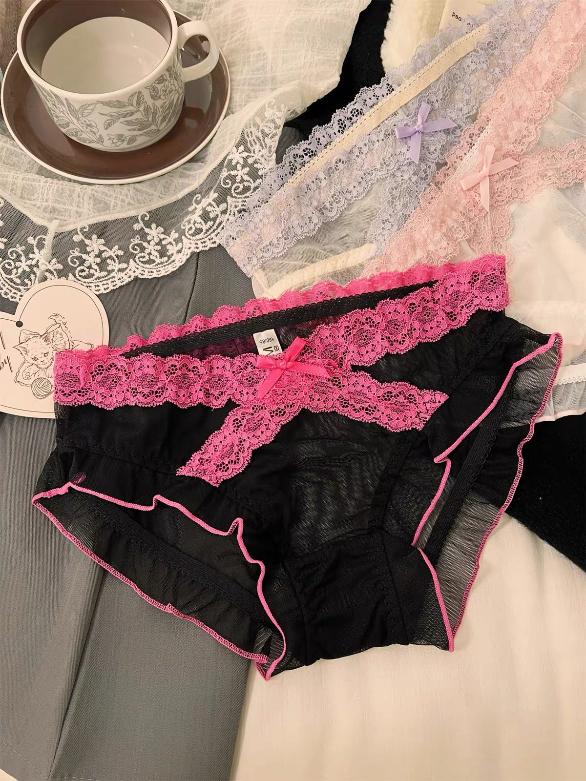 Women's Romantic Sheer Mesh Panties with Delicate Floral Lace Waistband, Scalloped Lace Trim, Soft Transparent Fabric & Elegant Satin Bow Detail