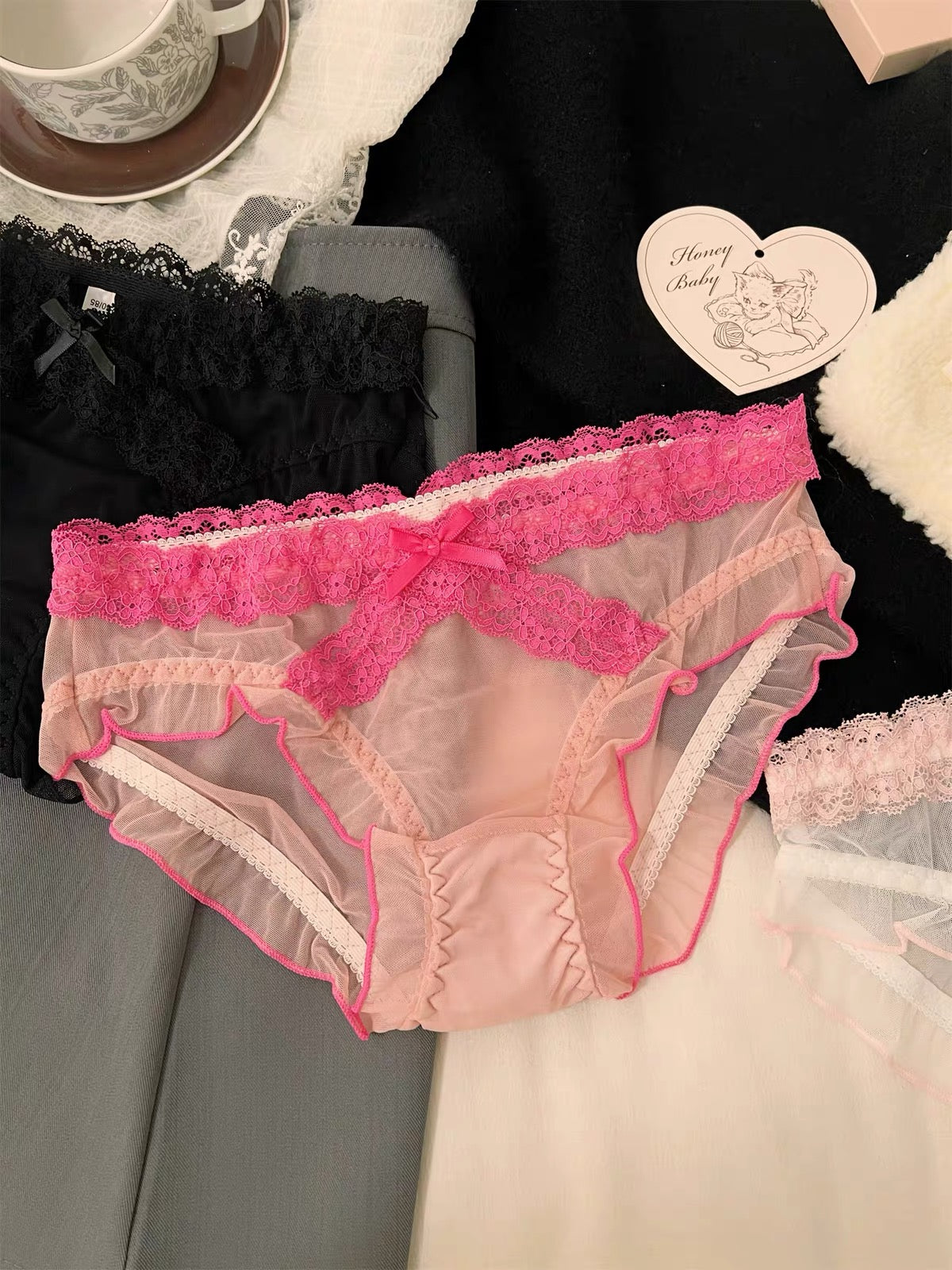 Women's Romantic Sheer Mesh Panties with Delicate Floral Lace Waistband, Scalloped Lace Trim, Soft Transparent Fabric & Elegant Satin Bow Detail
