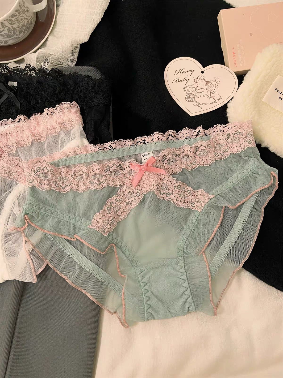 Women's Romantic Sheer Mesh Panties with Delicate Floral Lace Waistband, Scalloped Lace Trim, Soft Transparent Fabric & Elegant Satin Bow Detail