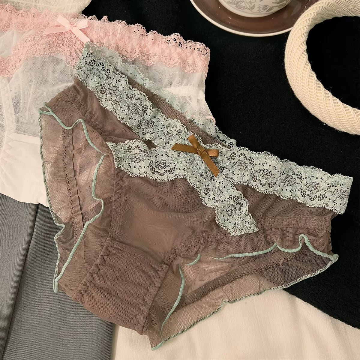 Women's Romantic Sheer Mesh Panties with Delicate Floral Lace Waistband, Scalloped Lace Trim, Soft Transparent Fabric & Elegant Satin Bow Detail