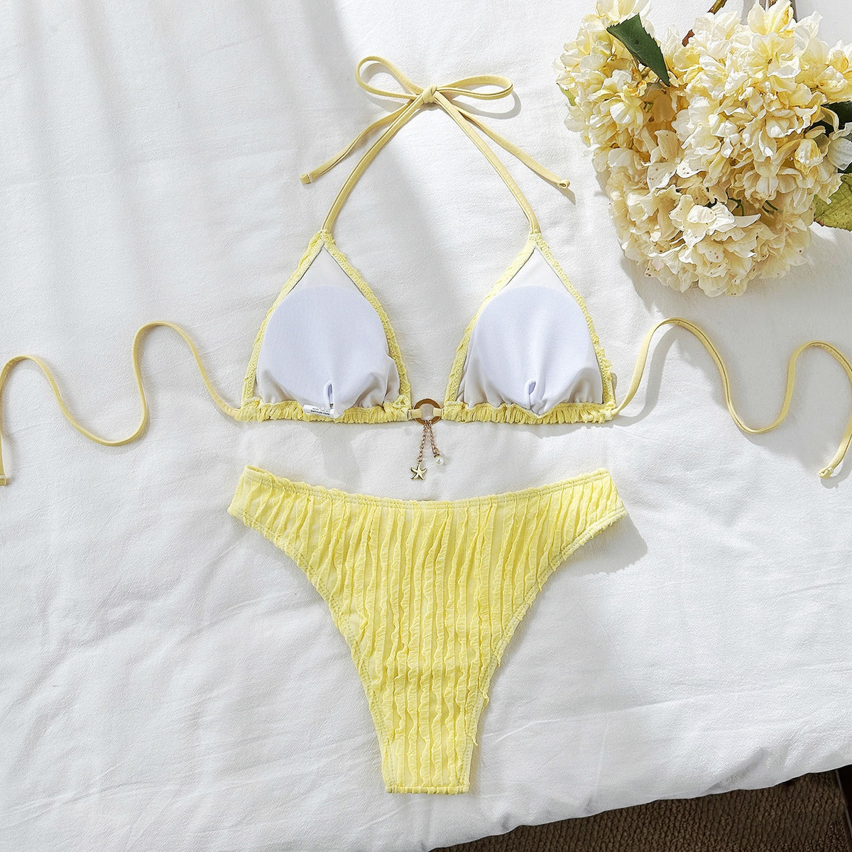 Women’s High Waist Two-Piece Swimsuit Bikini Light yellow Sets Sexy Outfit Print Swimwear V-Neck Bathing Suit