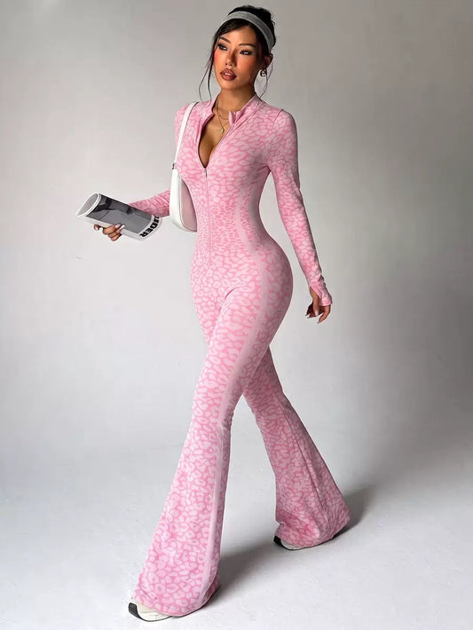Women Seamless Jumpsuits Long Sleeve One Piece Yoga Overalls Backless Leopard Fitness Gym Bodysuits Flare Pants Sports Tracksuit