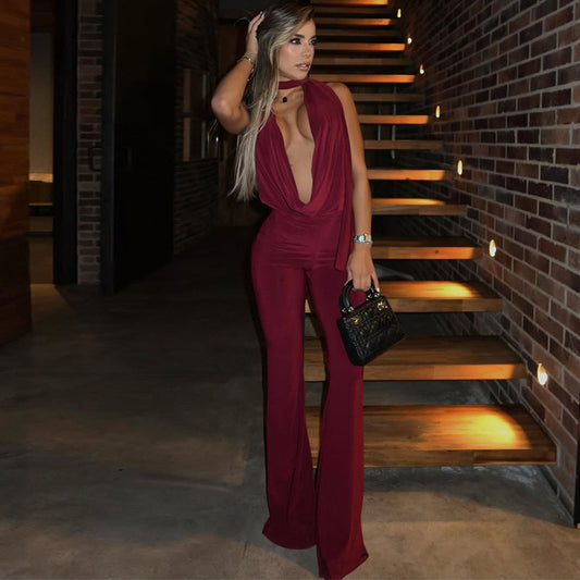 Cryptographic deep V Wrap around Halter sexy Backless Flare pant jumpsuits for women one-piece jumpsuit fashion clothes