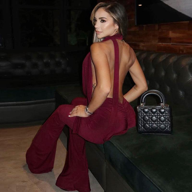 Cryptographic deep V Wrap around Halter sexy Backless Flare pant jumpsuits for women one-piece jumpsuit fashion clothes