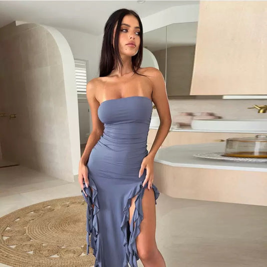 Women’s Sexy Slate blue Split Dress – Elegant Strapless Slim Fit with Ruffle & Fringe, Sleeveless Backless Summer Outfit for Club, Party, or Vacation