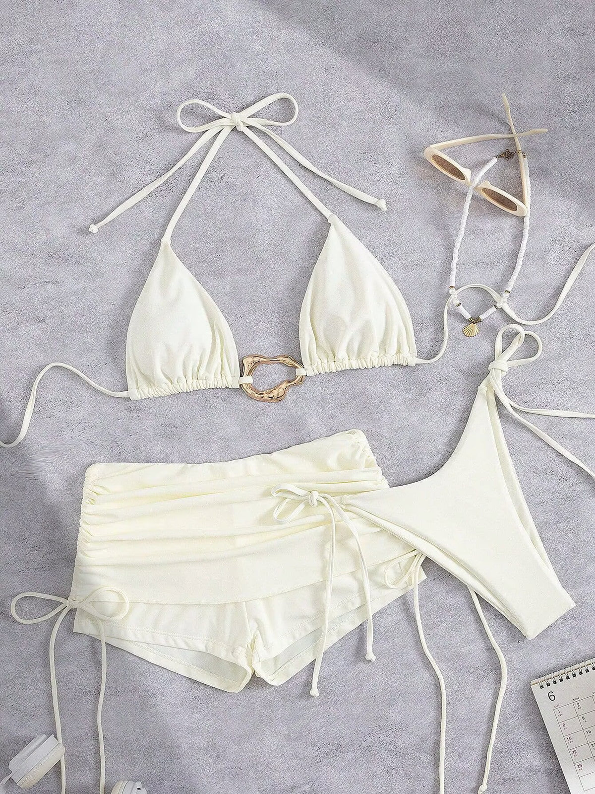 Women's Bikini Set Fashionable Solid Color Halter Neck Bra and Skirted Briefs, Thong 3Pcs Bathing Suit