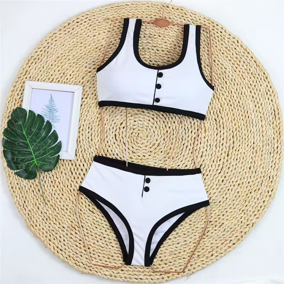 2026 New With Button Mid Waist Bikini Female Swimsuit Women Swimwear Two-Pieces Bikini Set Padded Bather Bathing Suit Swim
