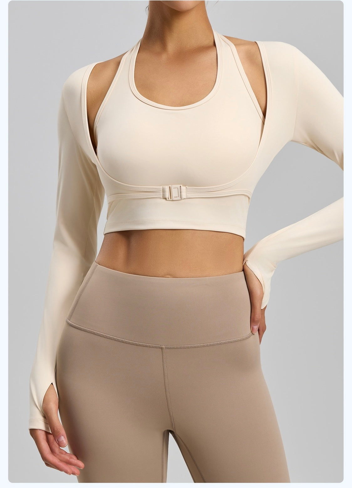 Fake 2pcs Halter-Neck Long-sleeved Yoga Tops Gym Workout Woman Slim Fit Tees Pilates Sports Fitness Training Shirt With Pad