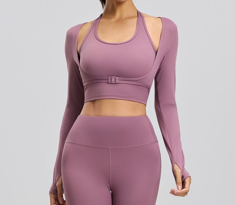 Fake 2pcs Halter-Neck Long-sleeved Yoga Tops Gym Workout Woman Slim Fit Tees Pilates Sports Fitness Training Shirt With Pad