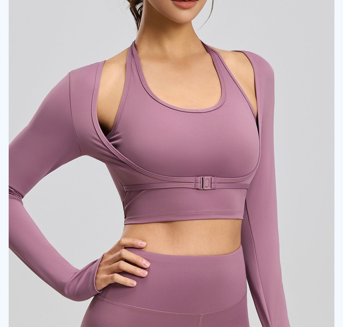 Fake 2pcs Halter-Neck Long-sleeved Yoga Tops Gym Workout Woman Slim Fit Tees Pilates Sports Fitness Training Shirt With Pad